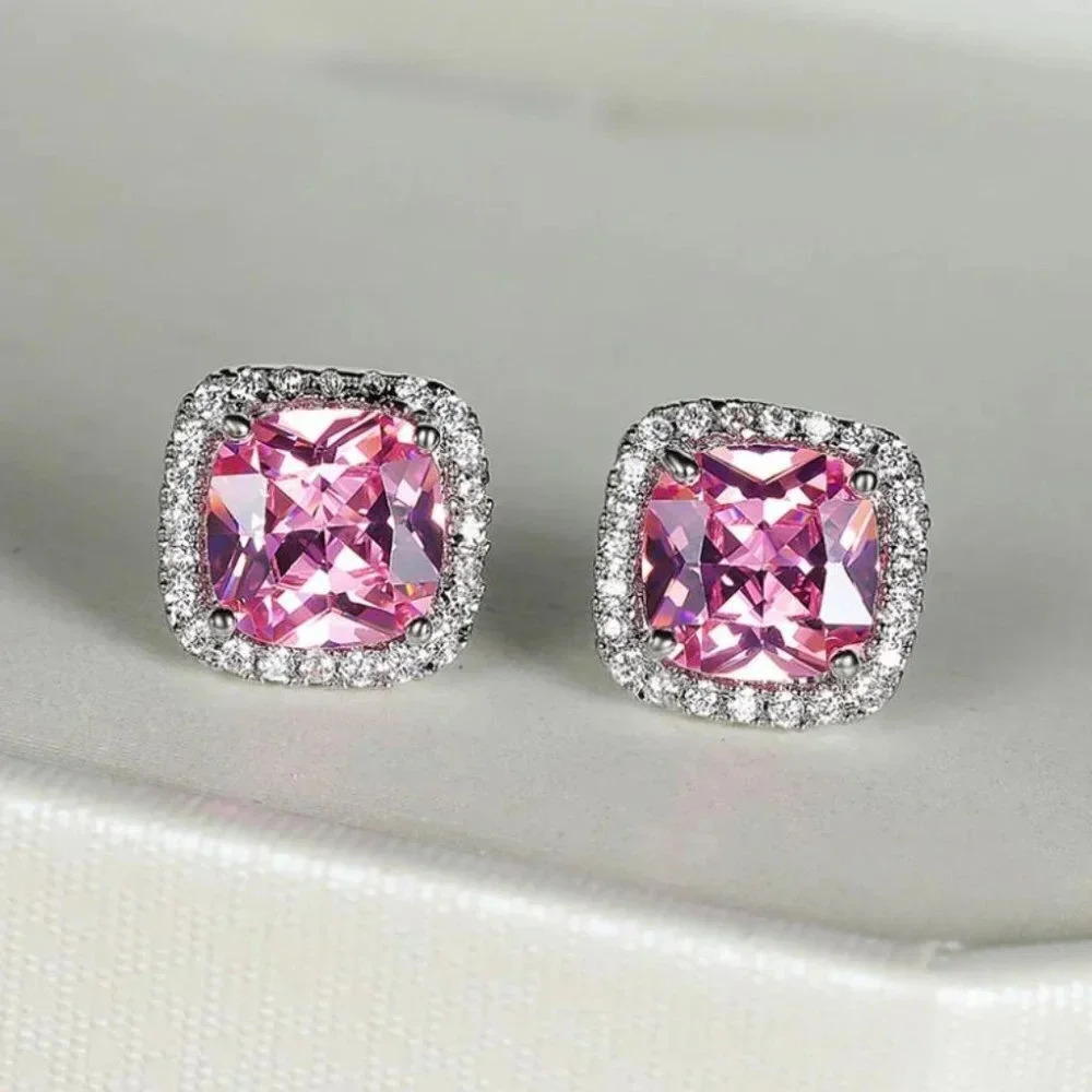 18k White Gold Pink Sapphire Diamond Halo Earrings